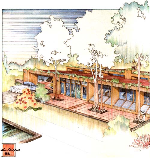
The passive solar home depicted here is designed in 4'-wide modular units for flexibility.
